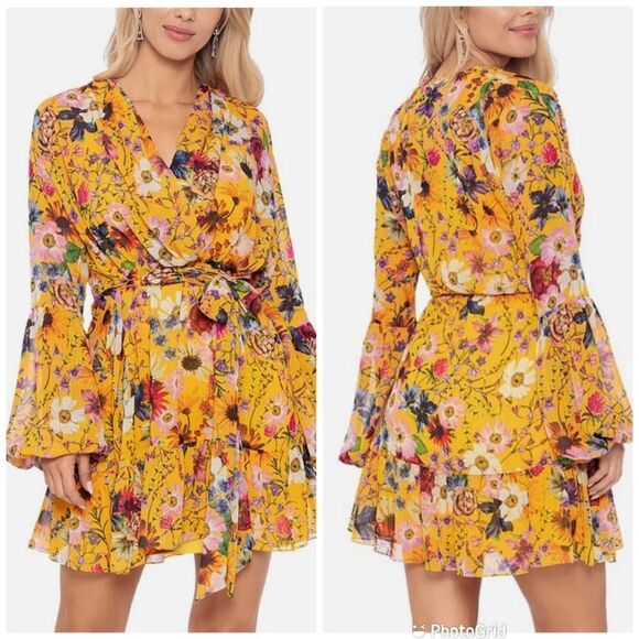 BETSEY & ADAM Yellow Floral Faux Wrap Mini Dress Long Sleeve Cocktail Size 4 New - Picture 3 of 14